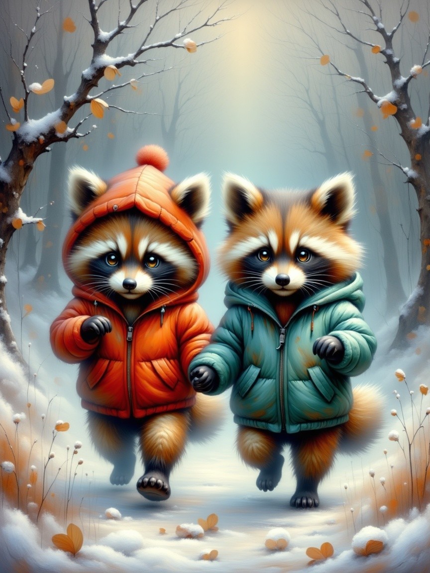 Red Panda Cubs in Snowy Landscape with Hoodies