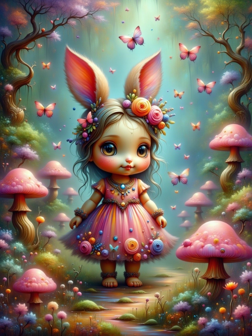 Whimsical Forest Scene with Enchanting Bunny-Girl Character