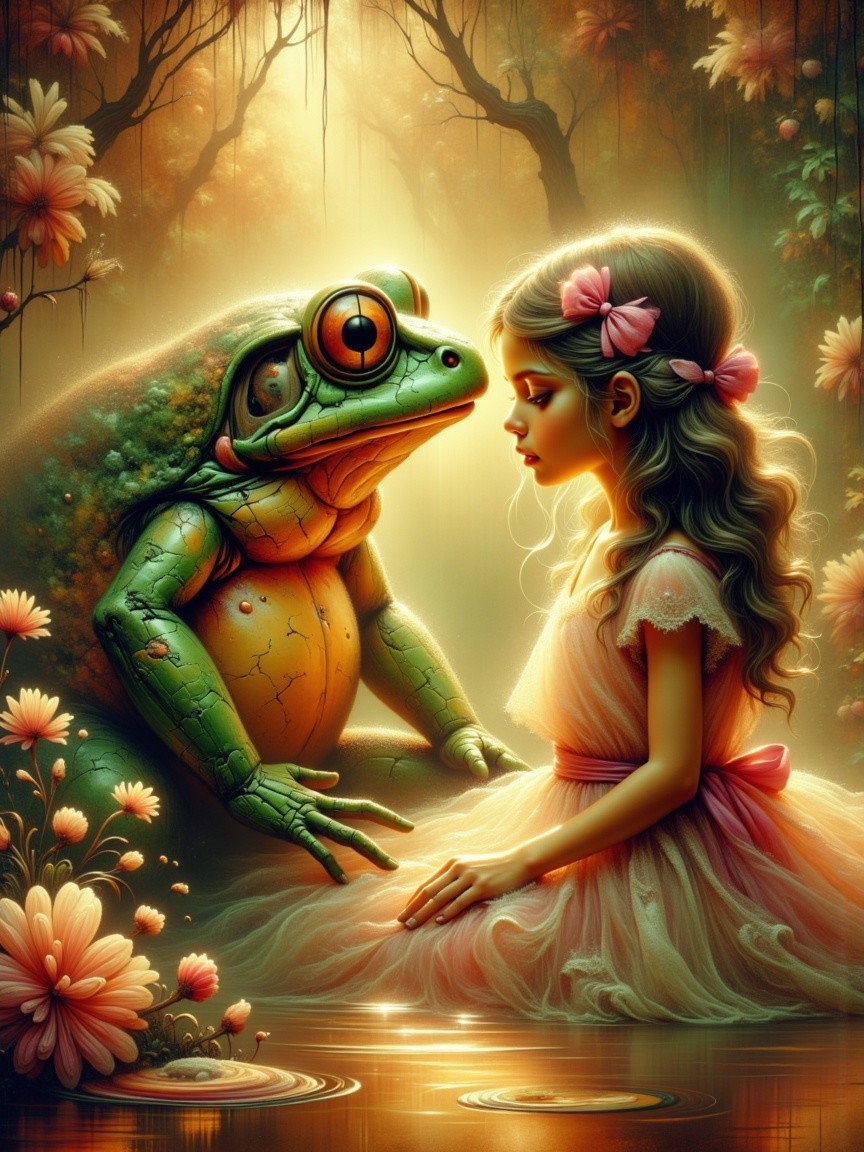 Young girl in pink dress by pond with colorful frog