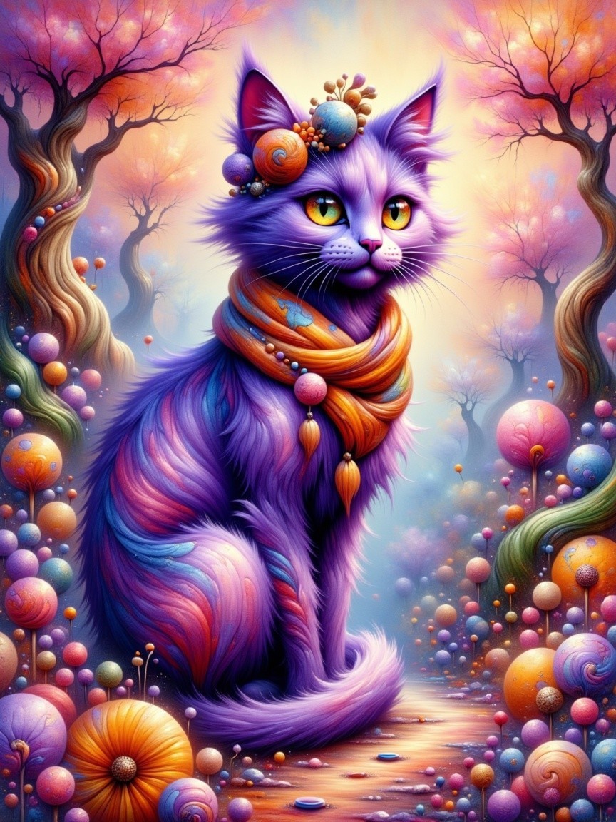 Whimsical Purple Cat in Enchanted Forest Setting