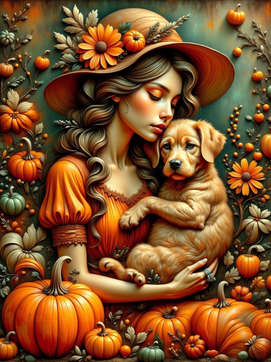 Young Woman with Puppy in Autumn Setting