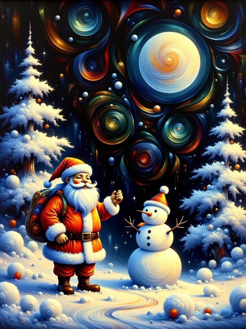 Santa Claus and Snowman in a Winter Wonderland Scene