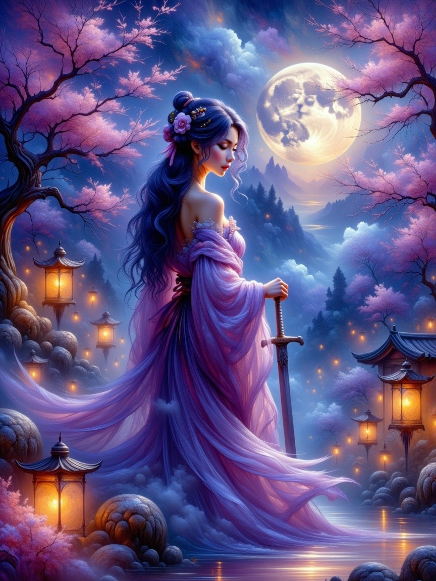 Serene Moonlit Scene with Woman and Cherry Blossoms