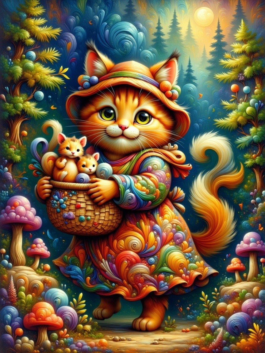 Colorful Illustration of a Cat in a Magical Forest