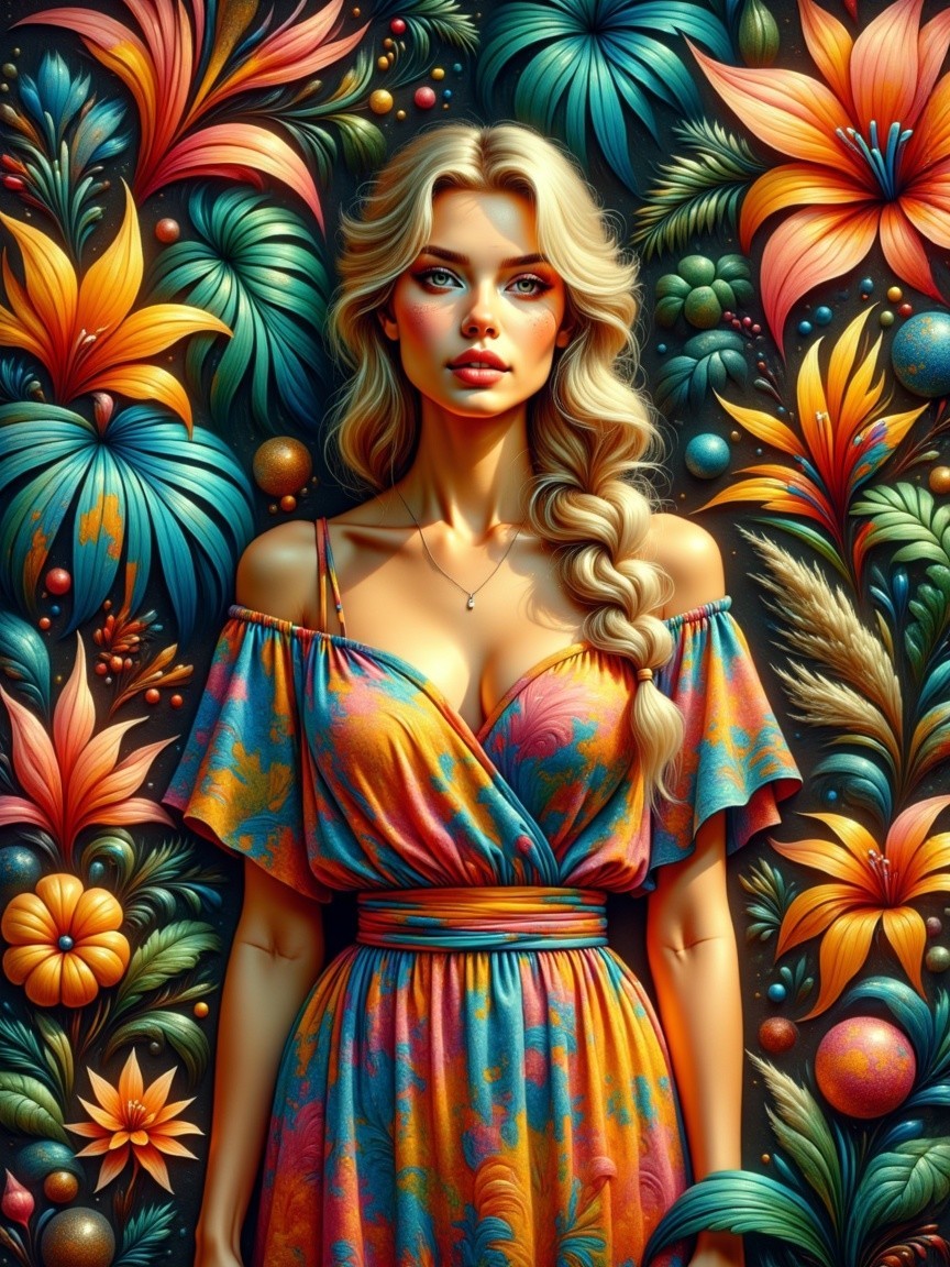 Young woman in floral dress amid colorful tropical backdrop