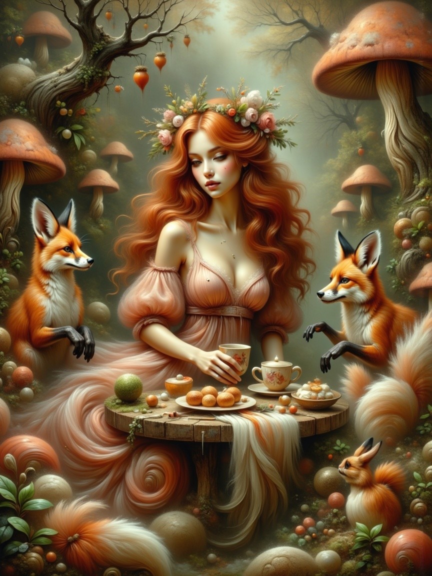 Whimsical Forest Scene with a Woman and Foxes