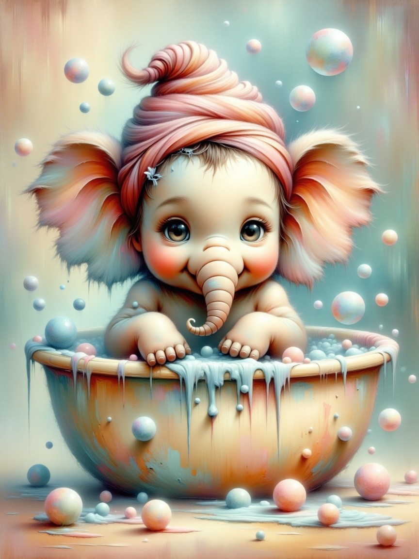 Cute Baby Elephant Playfully Surrounded by Bubbles