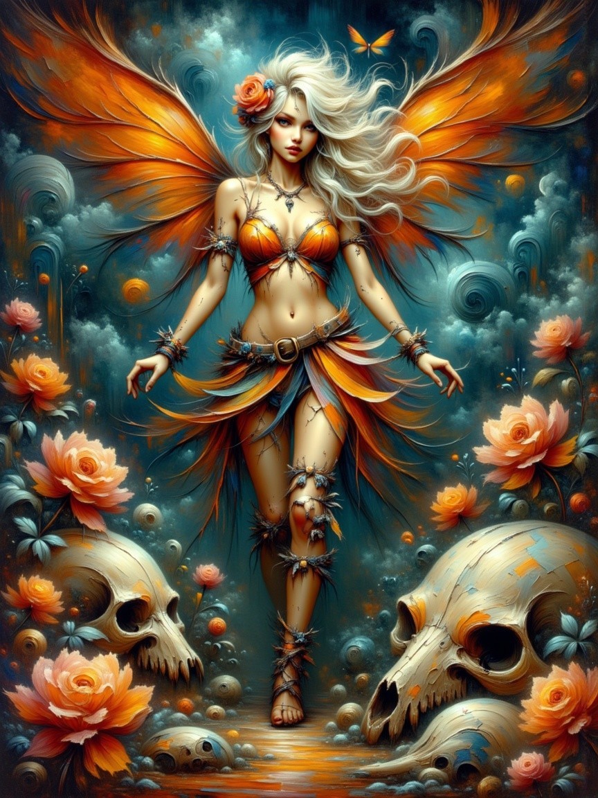 Mystical figure with orange wings in surreal landscape