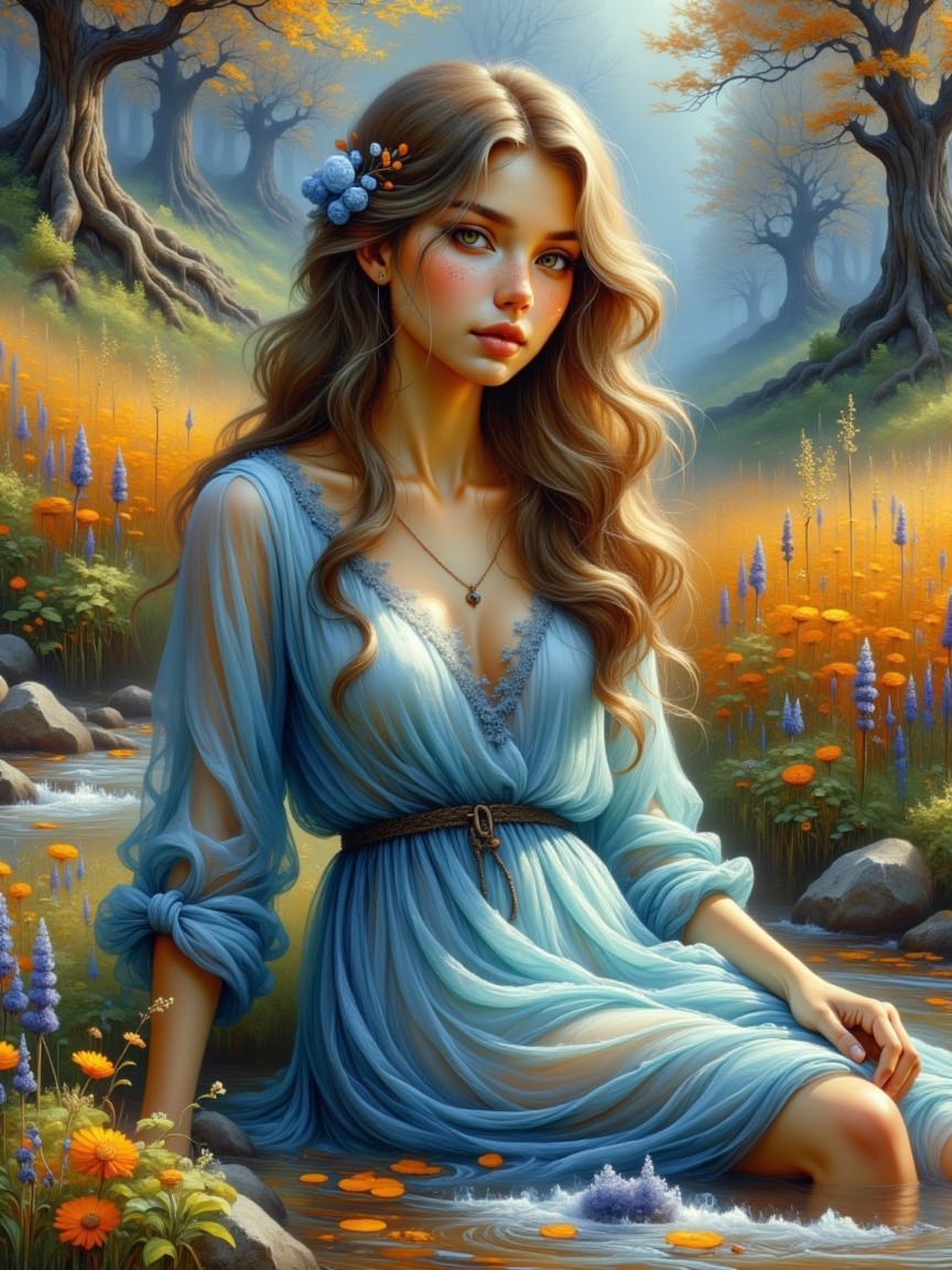 Young Woman by Stream in Autumn Colors and Lace Dress