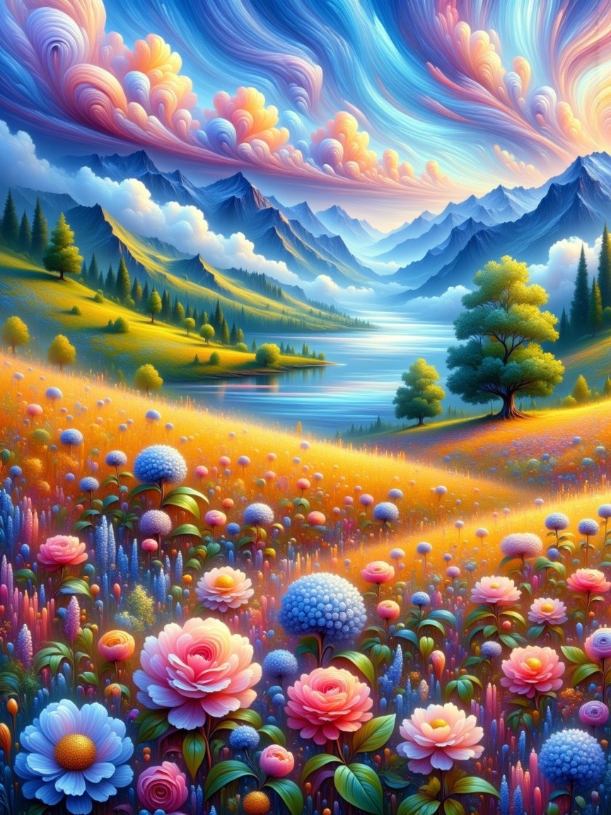 Vibrant Meadow Landscape with Colorful Flowers and Mountains