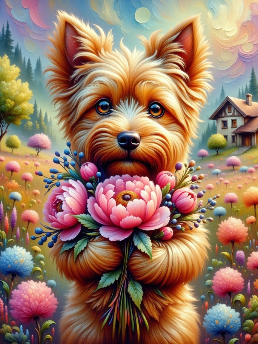 Fluffy Dog with Flowers in Scenic Landscape