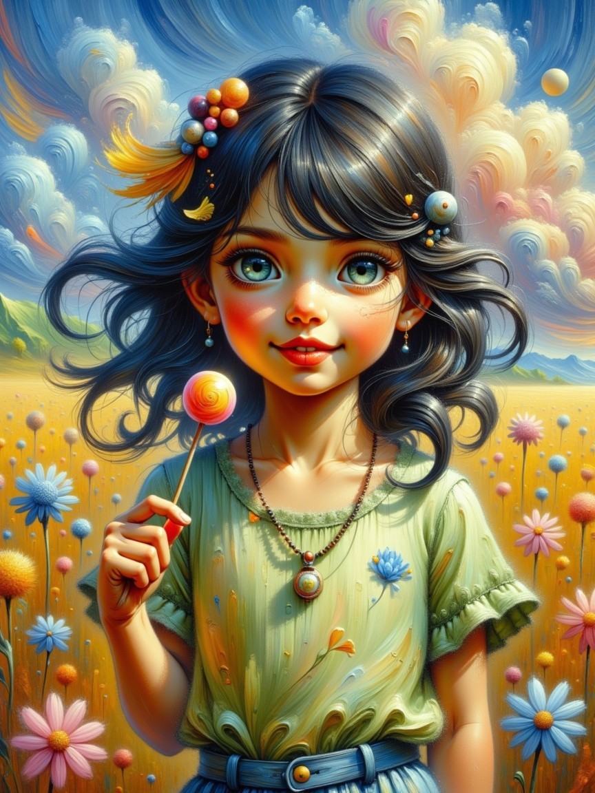 Whimsical Girl in a Colorful Flower Field