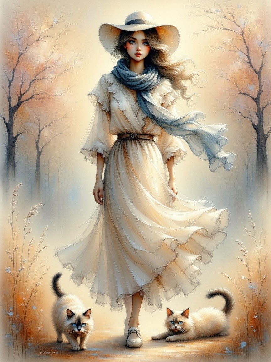 Elegant Young Woman in Impressionistic Autumn Landscape