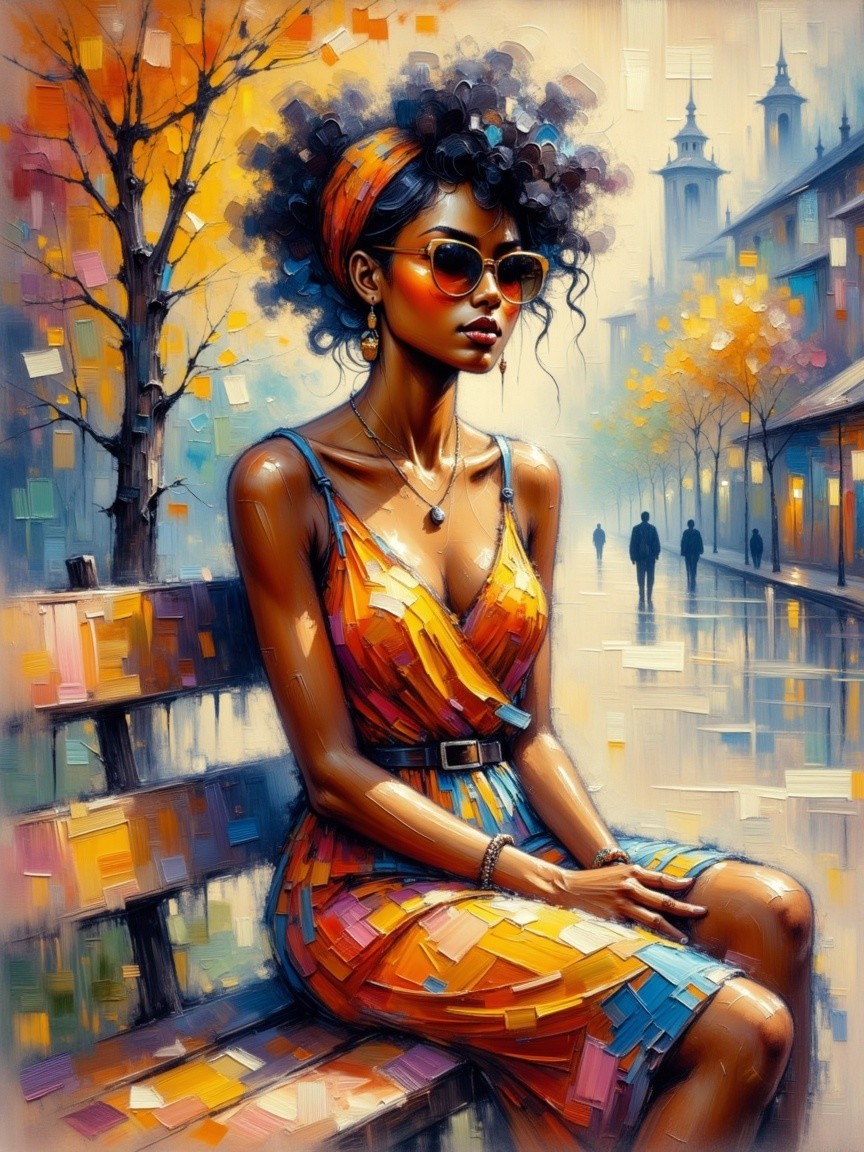 Stylish Woman in Colorful Dress at Autumn Park Bench