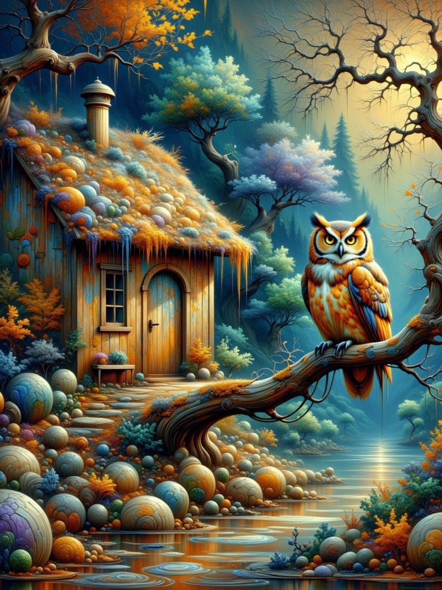 Whimsical Forest Scene with Cottage and Owl