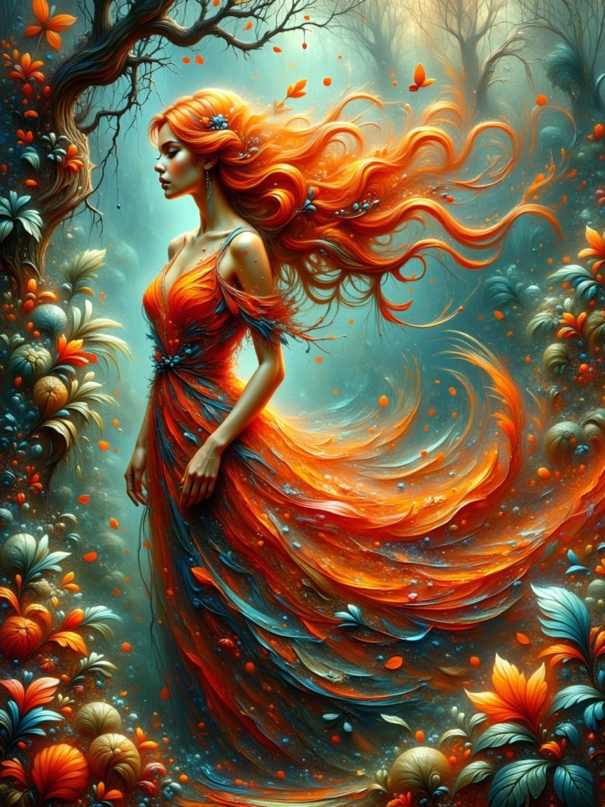Enchanting figure in vibrant forest with colorful gown