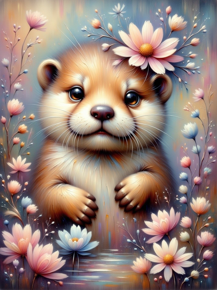 Cartoon Otter Surrounded by Pastel Flowers and Water