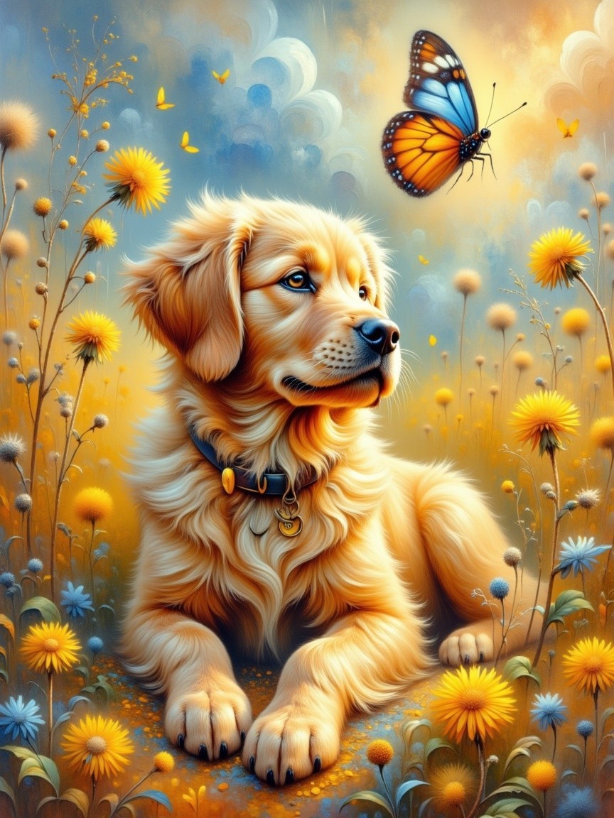Golden Retriever Puppy in Colorful Flower Meadow