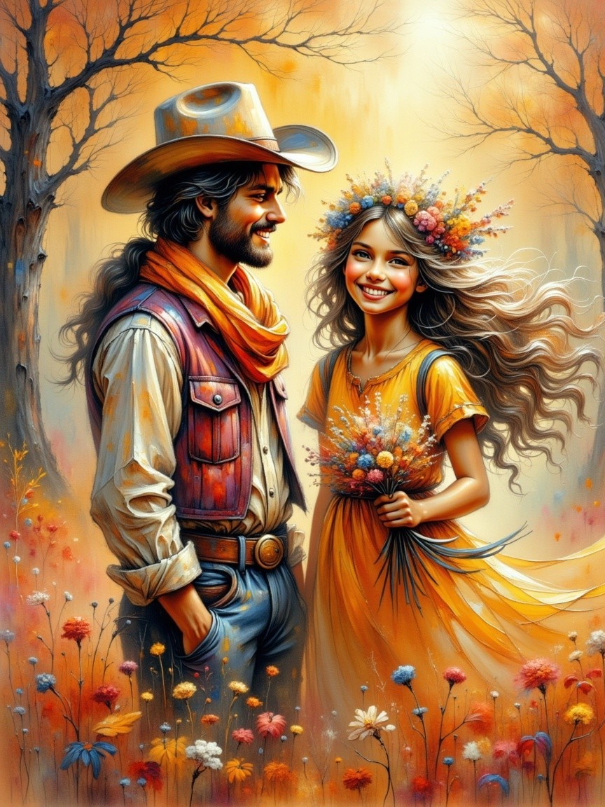 Cowboy and Woman in Autumn Floral Setting