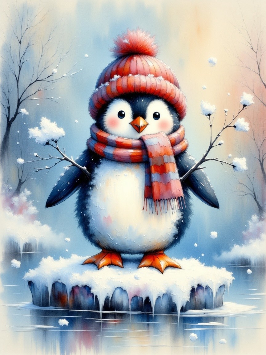 Cartoon penguin in cozy winter attire on ice