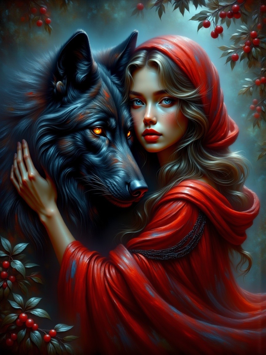 Young Woman in Red Cloak with Black Wolf in Forest