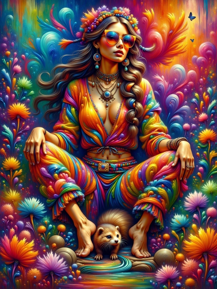 Psychedelic Illustration of a Woman with Flowers and Hedgehog