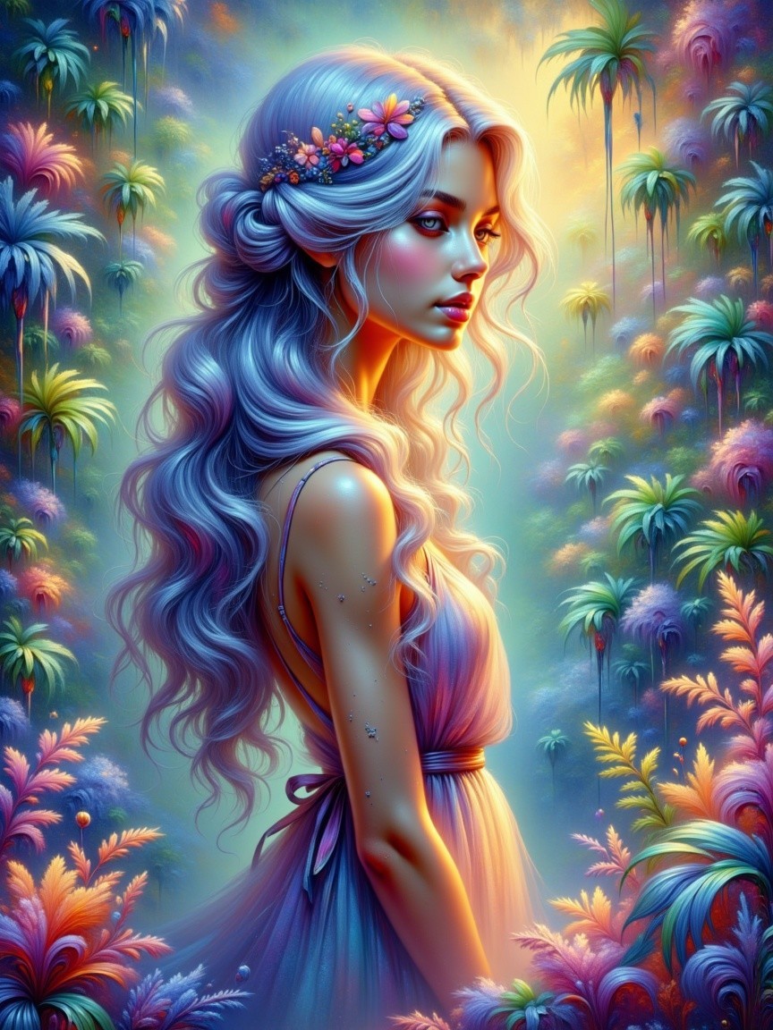 Stunning woman with silver hair in tropical setting