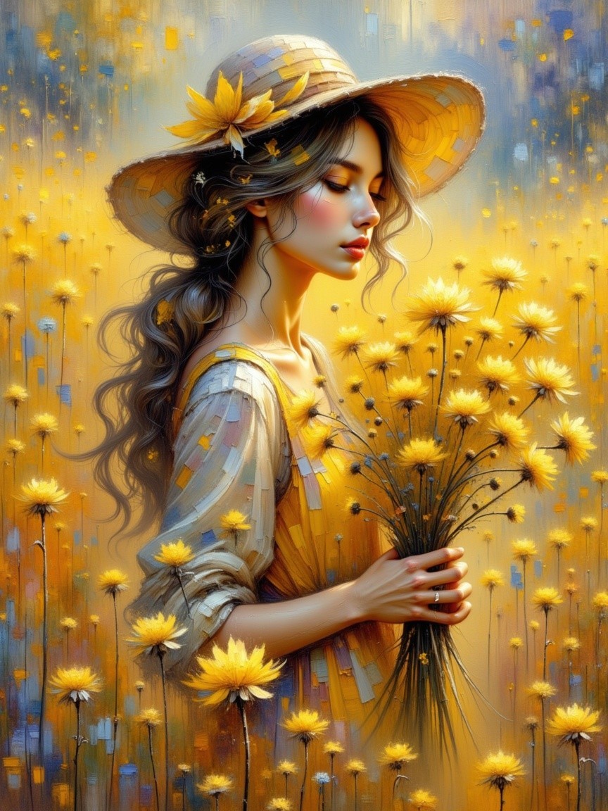 Woman in a straw hat amidst a field of yellow flowers