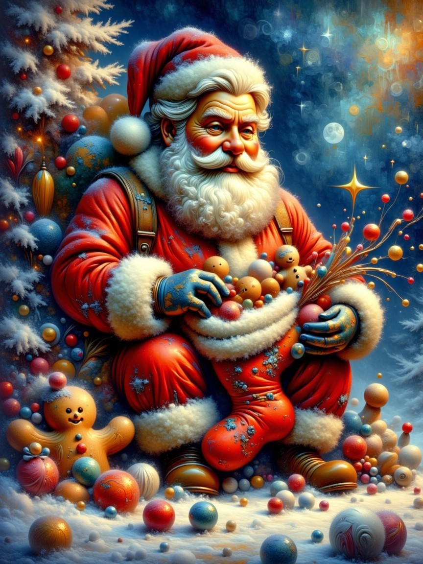 Hyperrealistic Santa Claus in Snow with Christmas Stocking