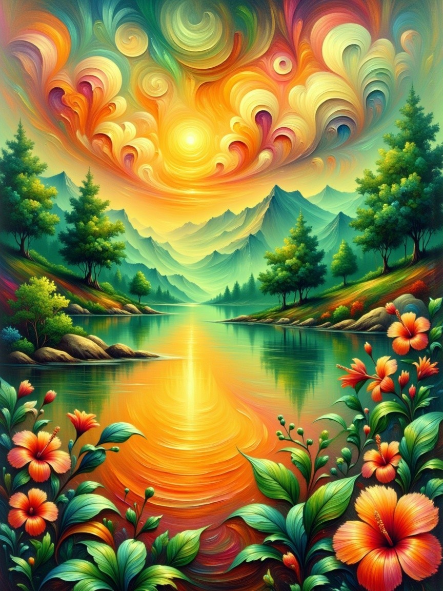 Vibrant Landscape with Majestic Mountains and Sunset Sky