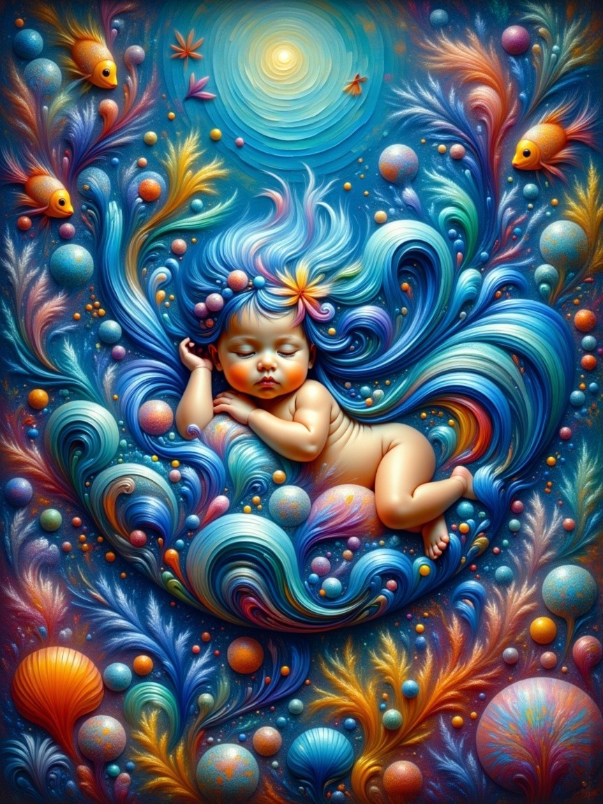 Dreamy Illustration of a Sleeping Baby in Waves
