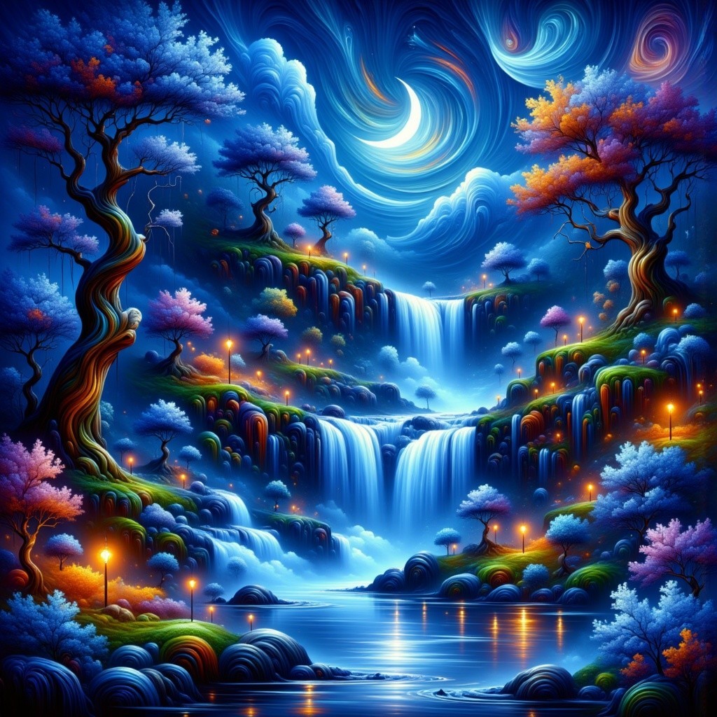 Vibrant Mystical Landscape Under a Swirling Night Sky