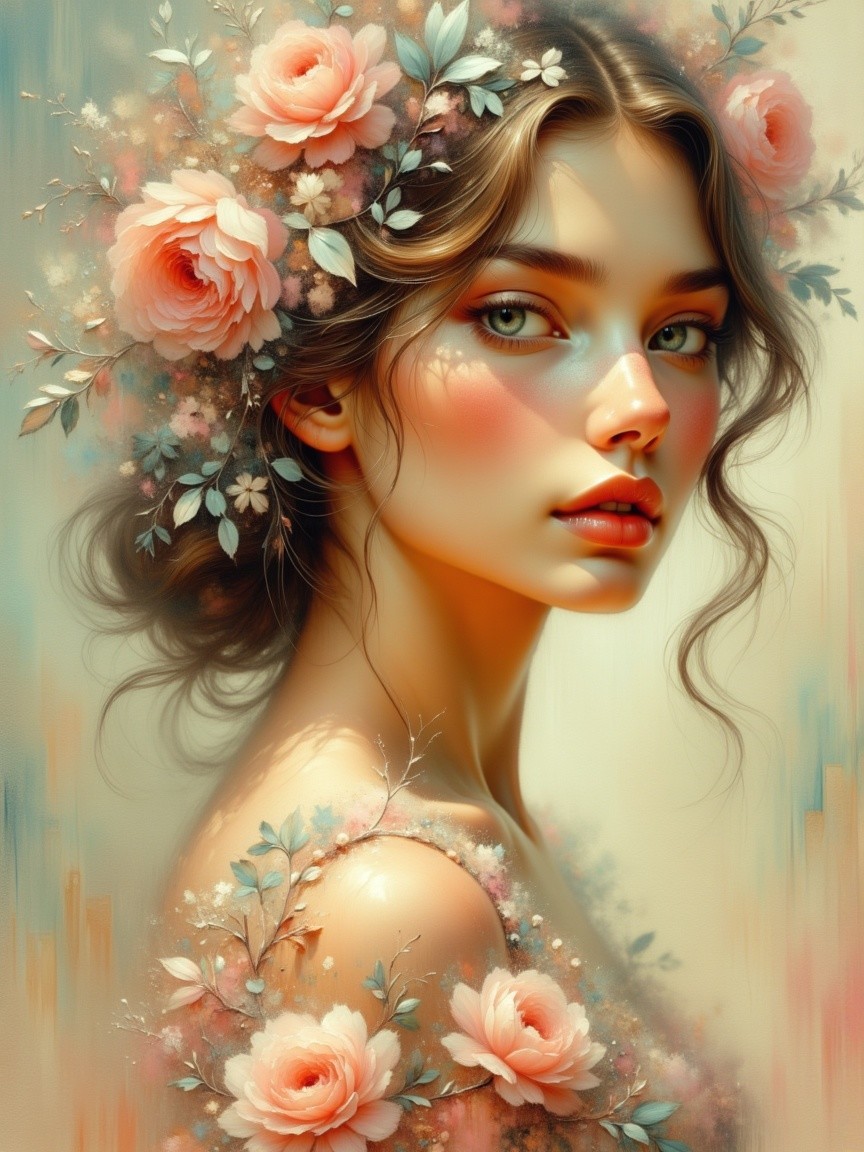 Young Woman with Floral Crown in Pastel Background