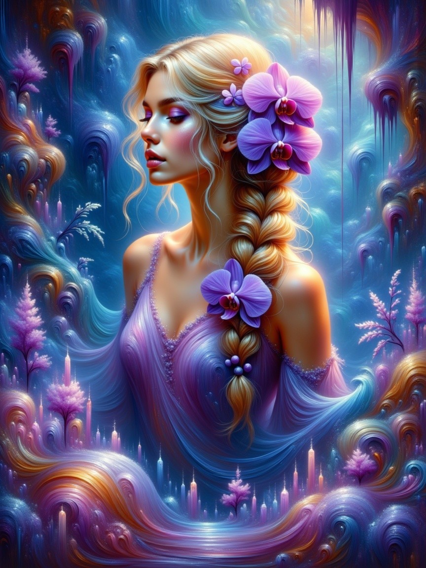 Dreamlike Portrait of a Woman with Orchids and Candles
