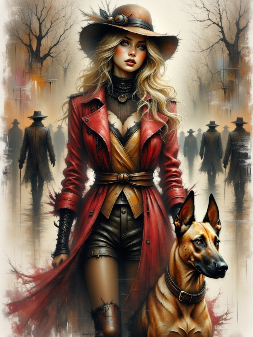 Confident Figure in Red Coat with Dog and Mysterious Background