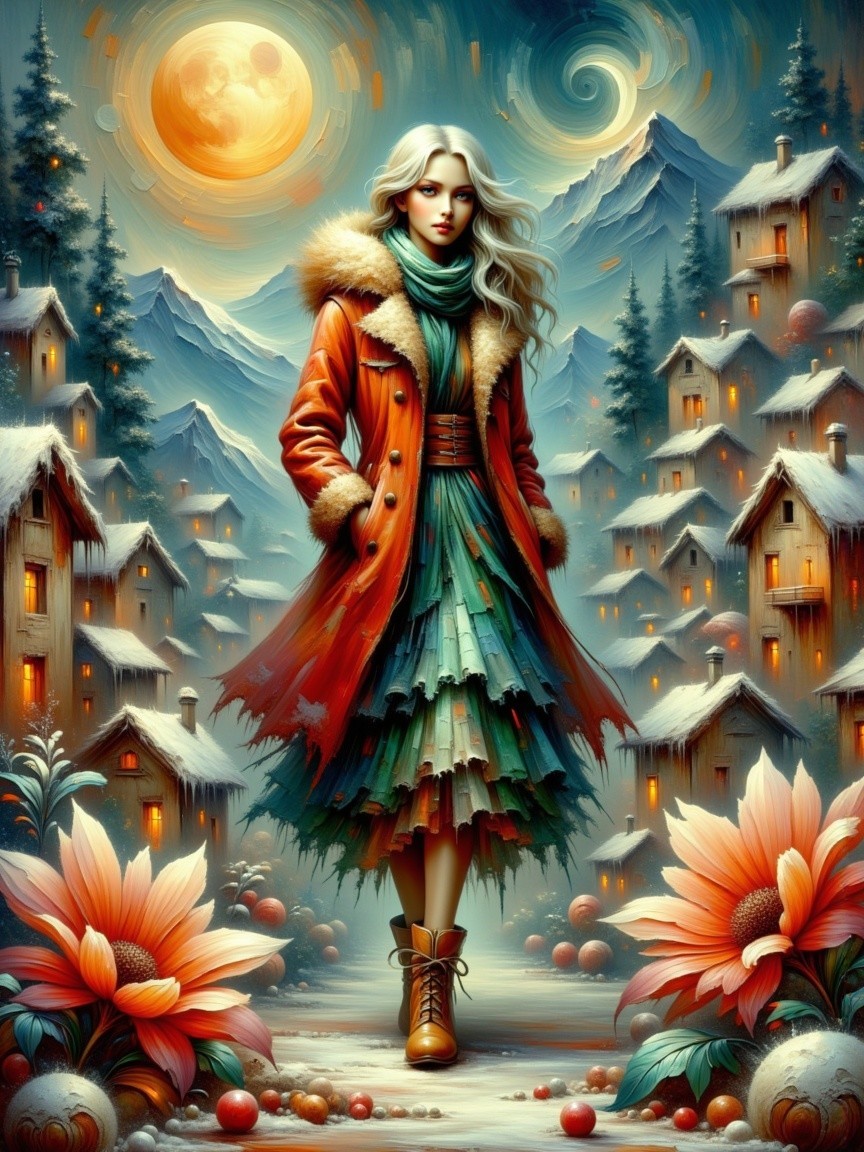 Woman in Orange Coat in Snowy Mountain Landscape