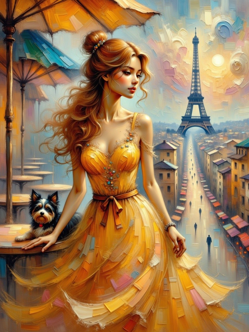 Graceful Woman in Yellow Dress with Eiffel Tower Background