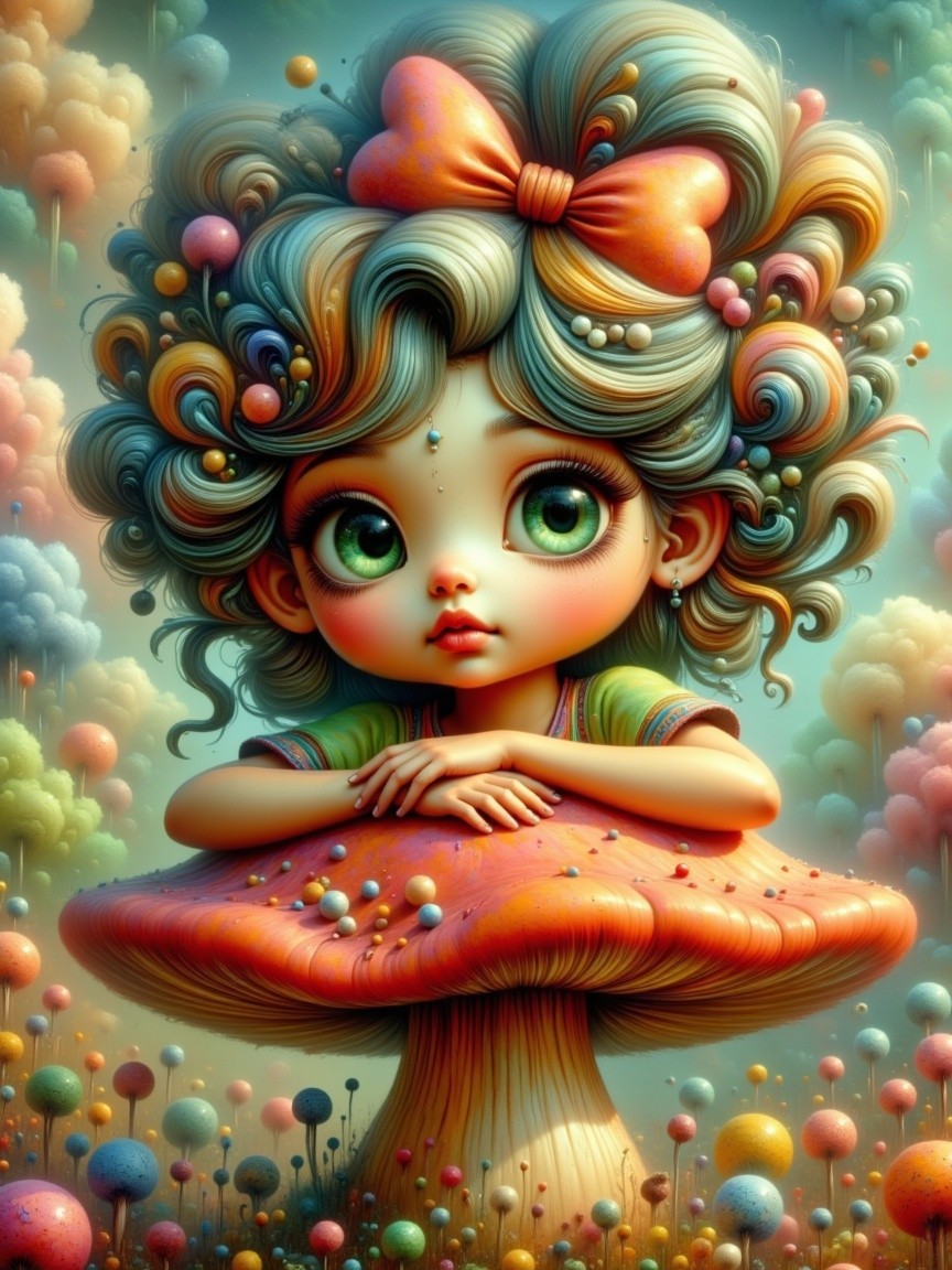 Colorful Character on Giant Mushroom in Dreamy Scene