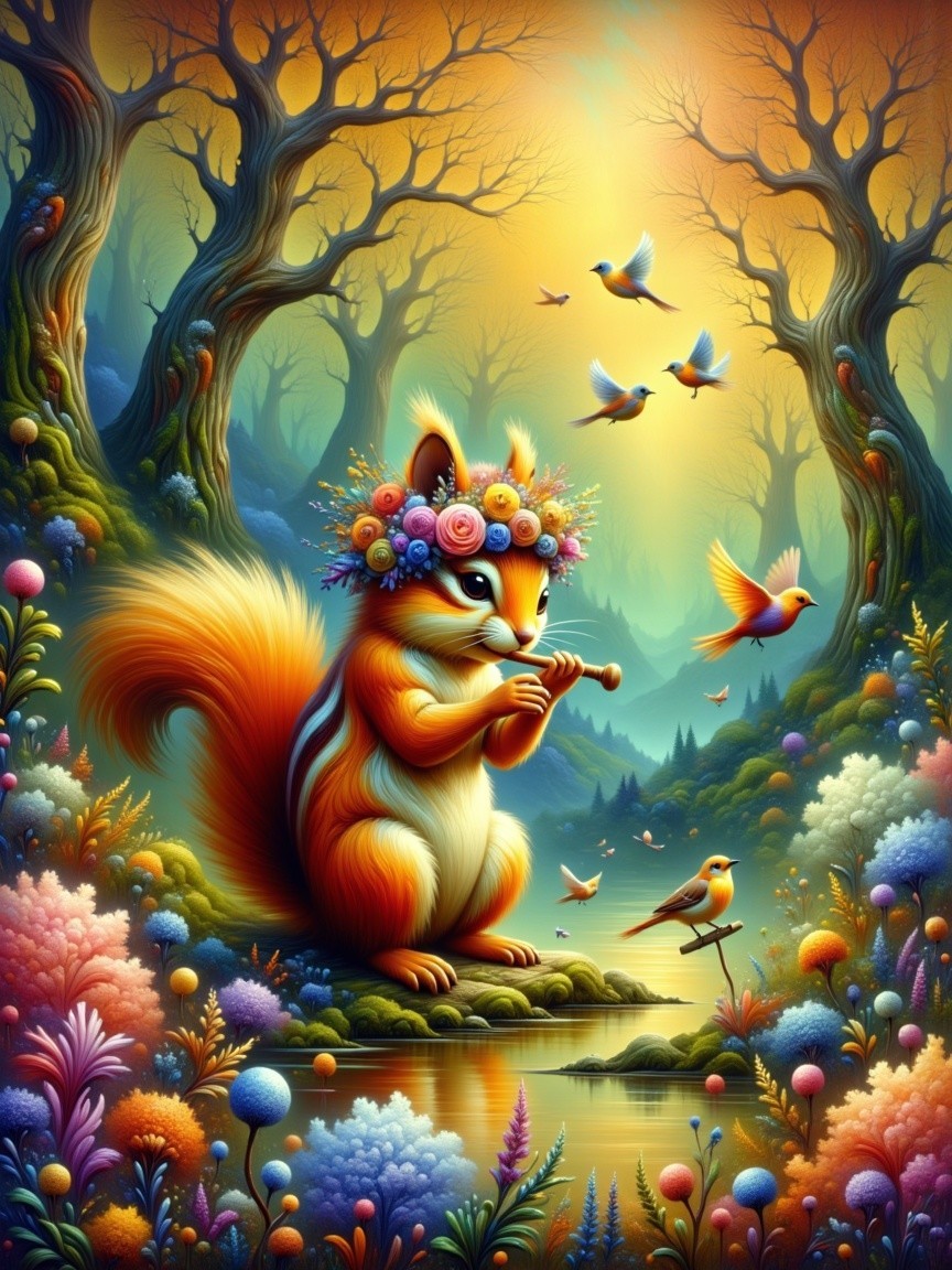 Whimsical Squirrel Playing Flute in Enchanted Forest