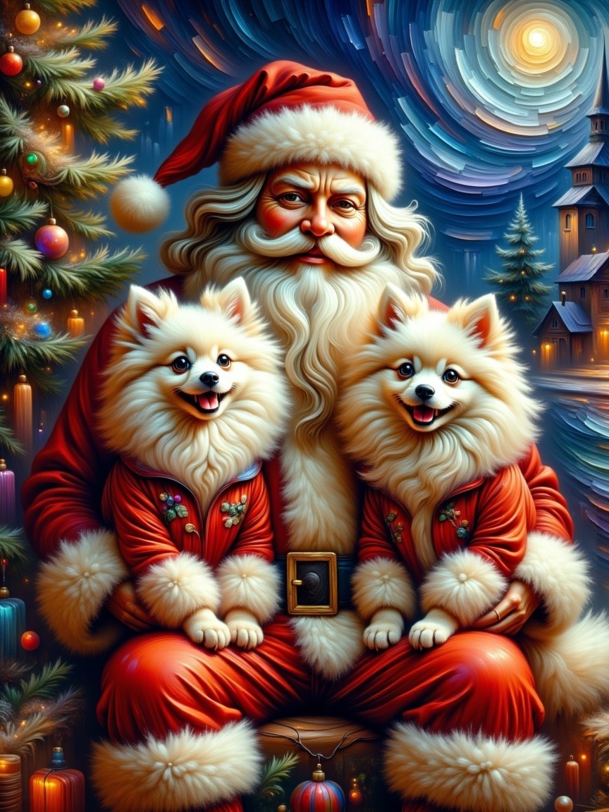 Santa Claus in festive winter scene with dogs and lights