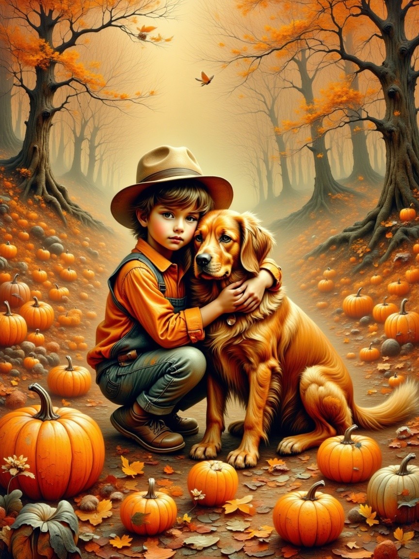 Child and Golden Retriever in Autumn Landscape
