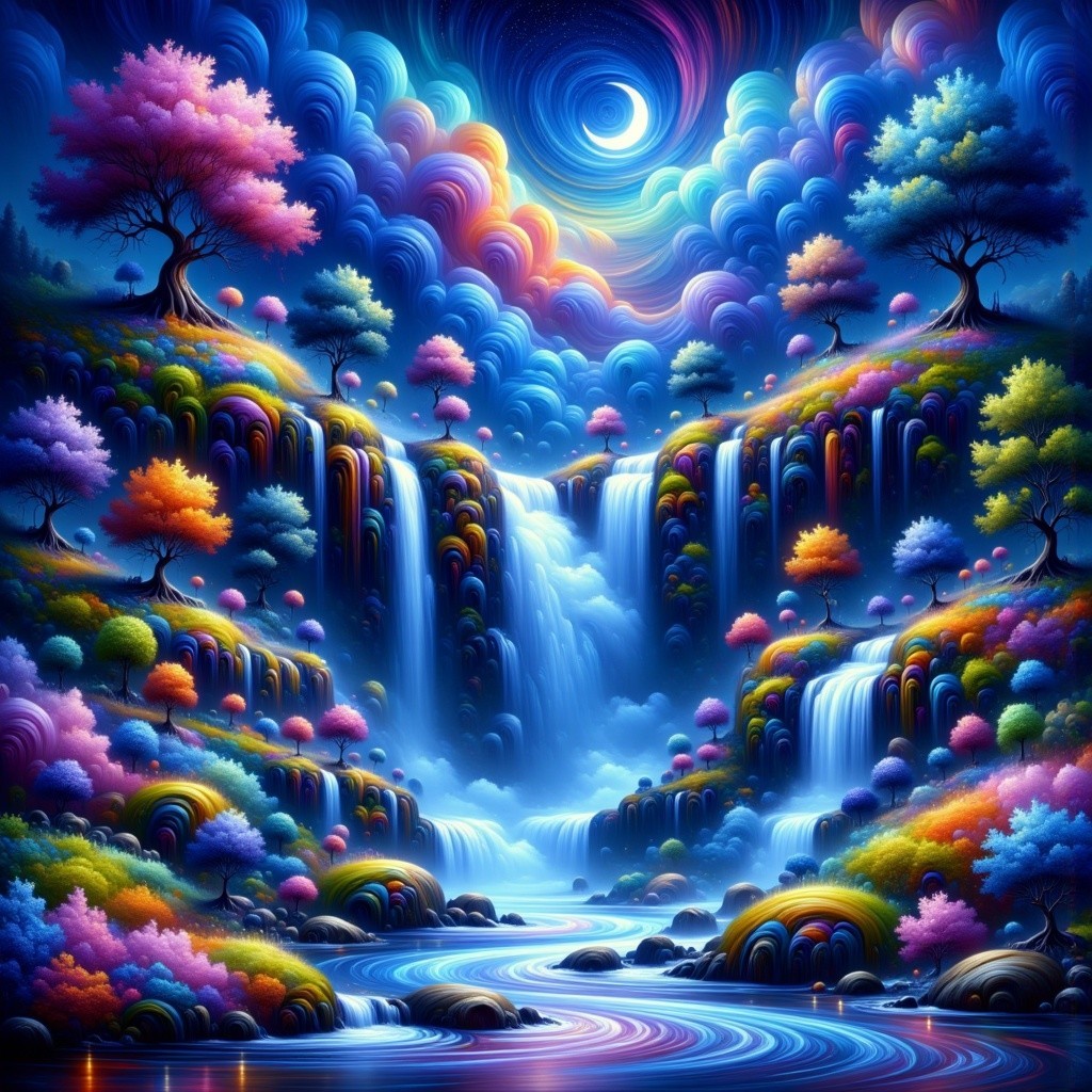 Vibrant Dreamlike Landscape with Cascading Waterfalls