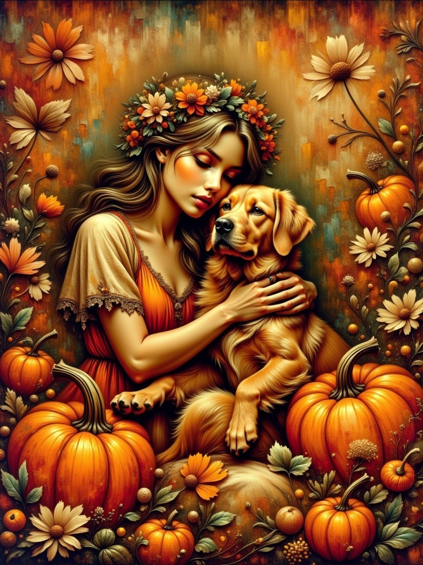 Autumn Scene with Woman, Dog, Pumpkins, and Flowers
