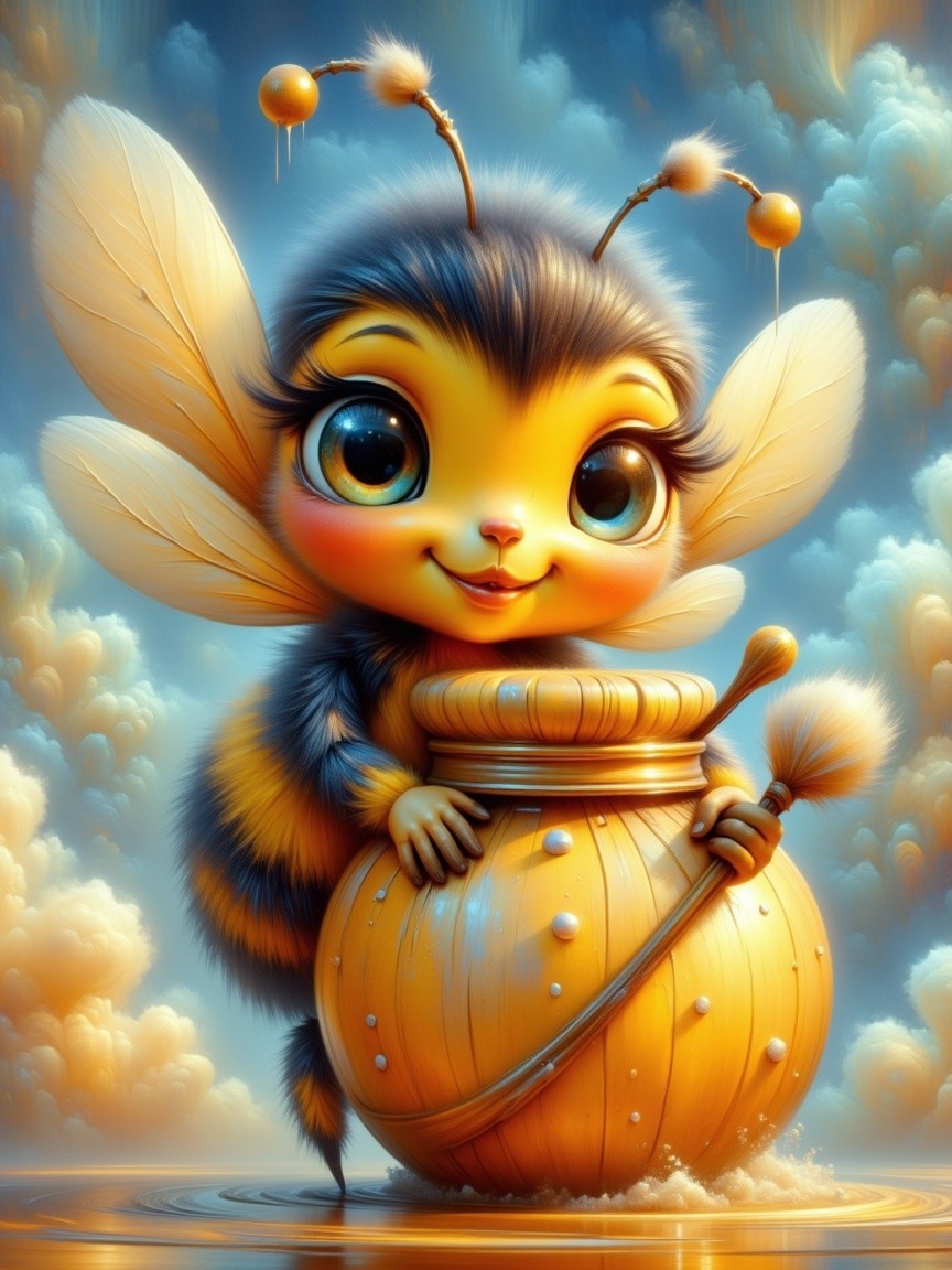 Cartoonish Bee Beside Honey Pot in Dreamy Setting