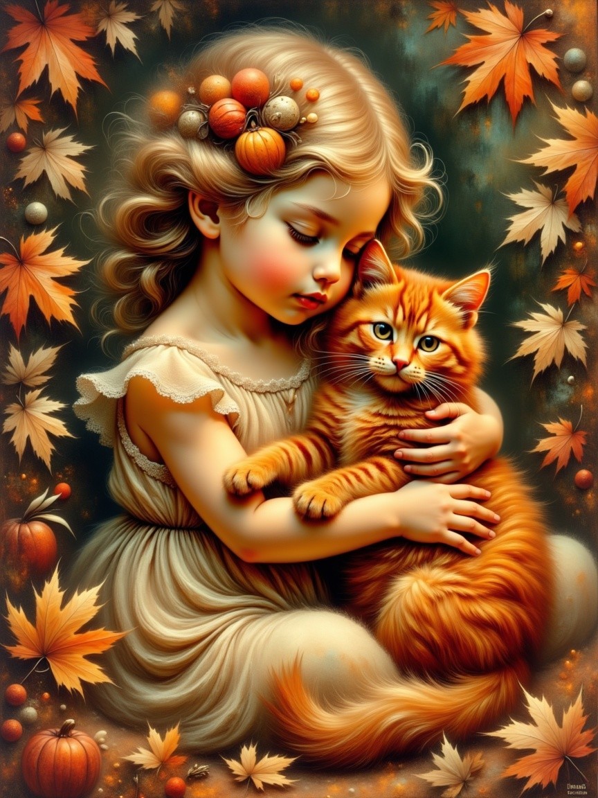 Young Girl with Cat Surrounded by Autumn Decor