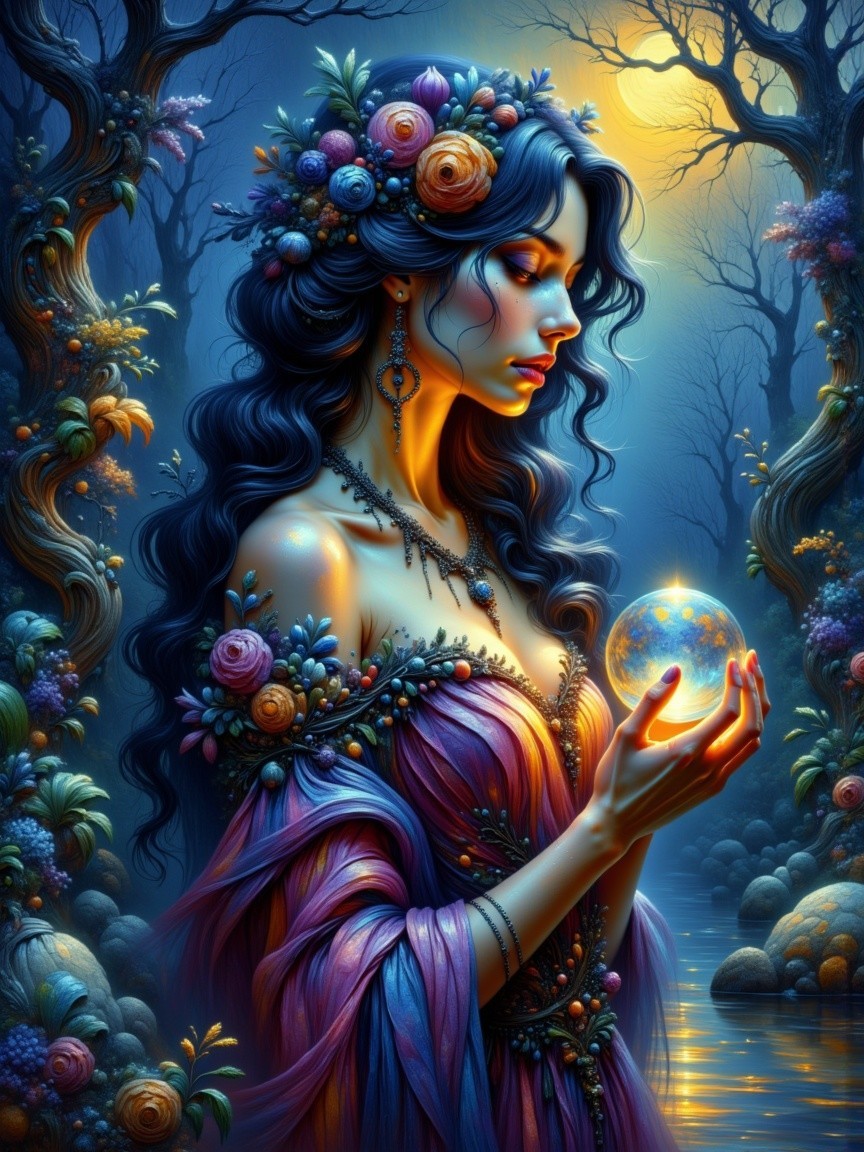 Mystical Woman in Enchanting Forest with Glowing Orb