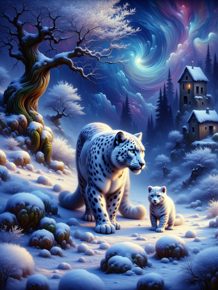 Snow Leopard and Cub in Serene Winter Landscape