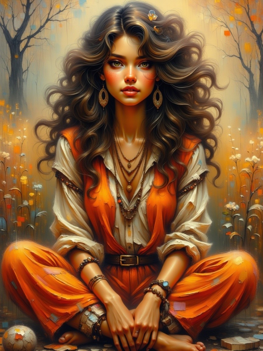 Young Woman in Autumn Field with Vibrant Outfit