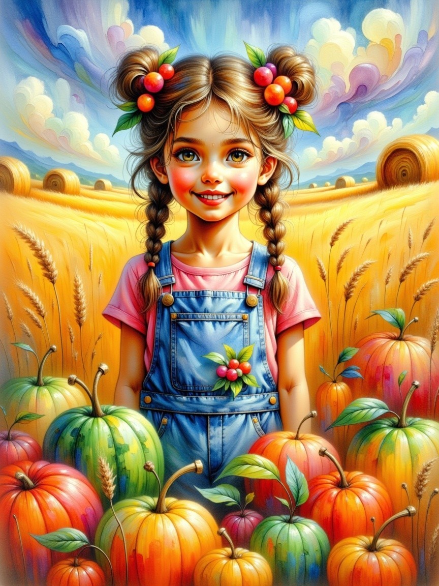 Young girl in golden field with pumpkins and gourds