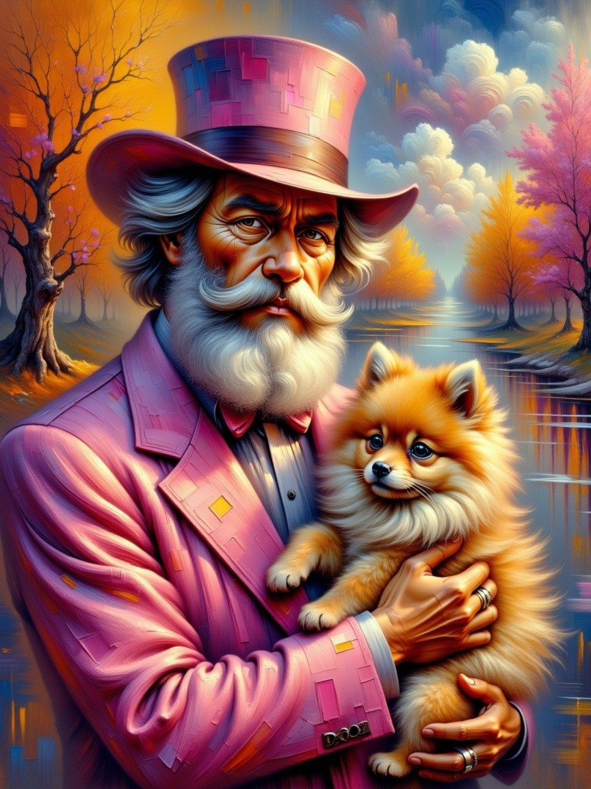 Whimsical Landscape with Man in Pink Suit and Dog